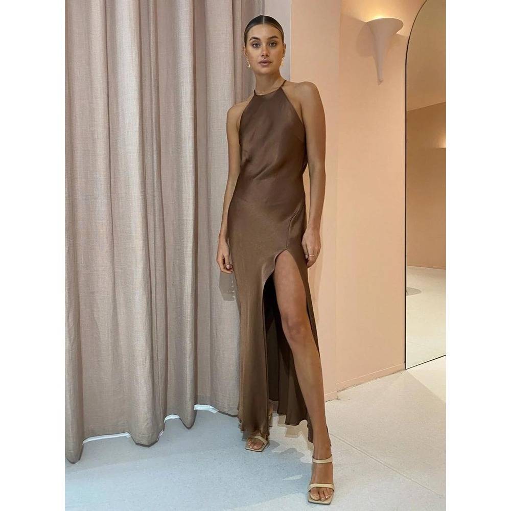 Bec + Bridge Annika Maxi Dress Chocolate‎ Brown Satin Slip Halter Sz 4 US